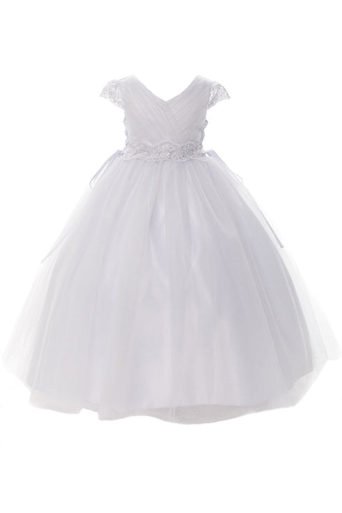 Rainkids Girls White Cap Sleeve Floral Trim Plus Size Communion Dress 7.5-20.5 - SophiasStyle.com